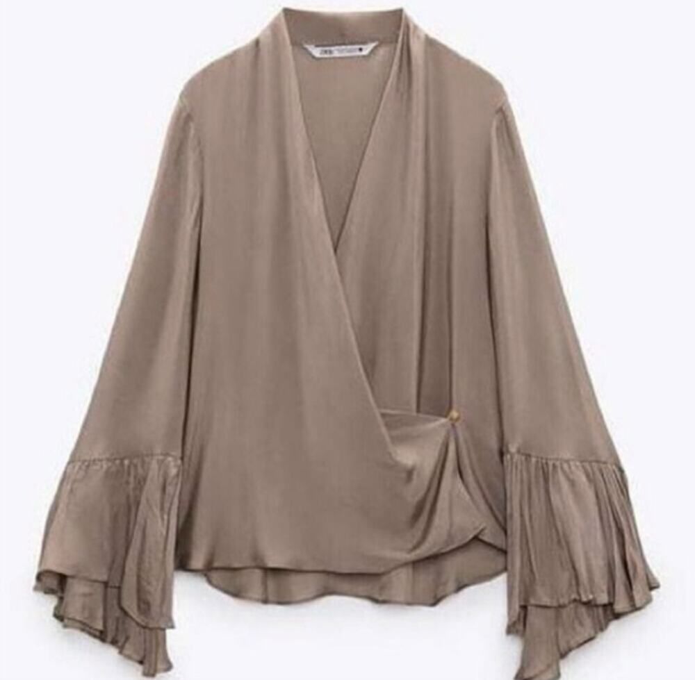 Zara wrap ruffle sleeve satin look blouse M NwT
